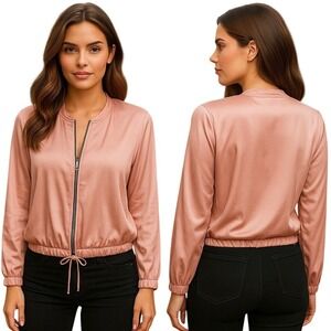 Romeo‎ & Juliet Couture Pink Satin Bomber Jacket Drawstring Waist Long Sleeve L